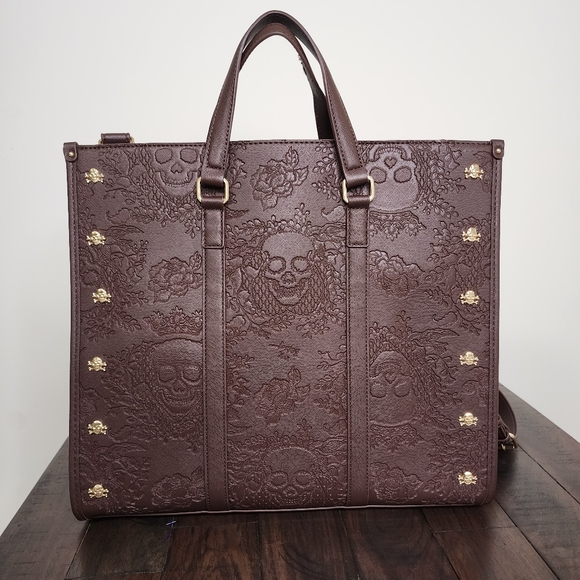 Betsey Johnson Chocolate Large Skull Embossed XOMATTIE Tote Bag Whimsigoth - Picture 5 of 9